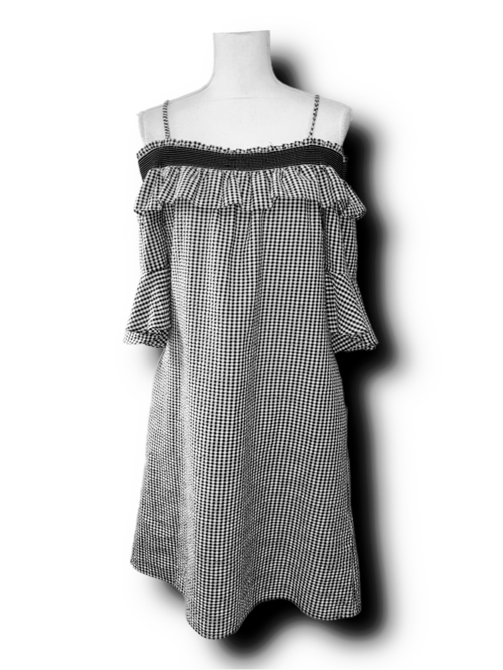 Violet Weekend Gingham Off-The-Shoulder Cotton Blend Ruffle Dress Cottage Twee